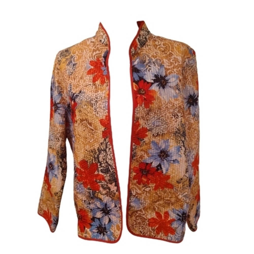 Alfred Dunner Women Petite SZ 14 Tan Blue Red Floral Quilted Open Front Jacket